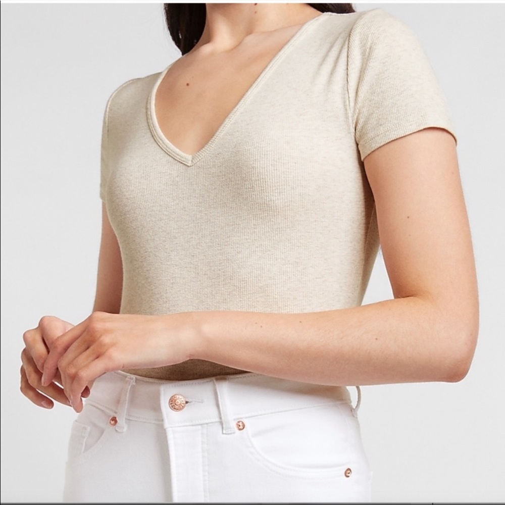 EXPRESS Fitted Ribbed V-Neck Tee M Oatmeal